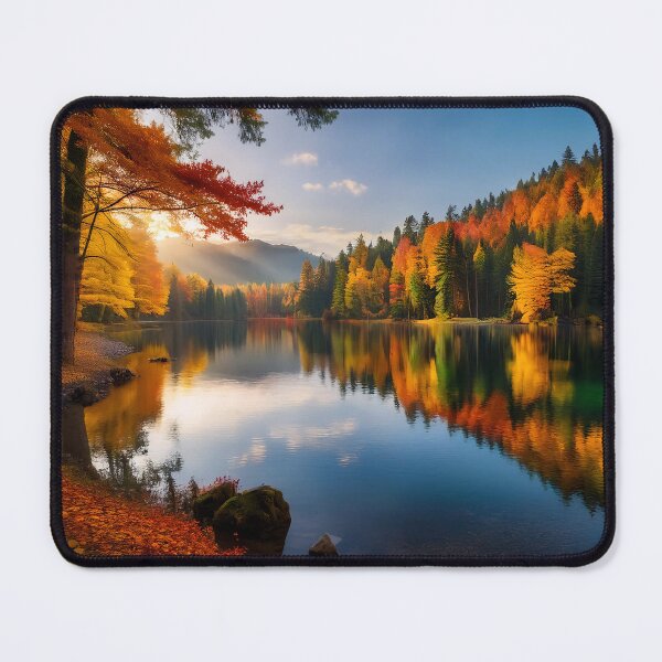 Item preview, A serene lake reflecting the vibrant colors of autumn foliage designed and sold by homydesign.