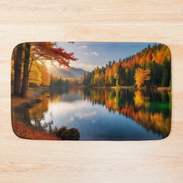 Item preview, A serene lake reflecting the vibrant colors of autumn foliage designed and sold by homydesign.