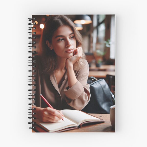 Item preview, Young woman in beige blouse writing in notebook at coffee shop designed and sold by homydesign.