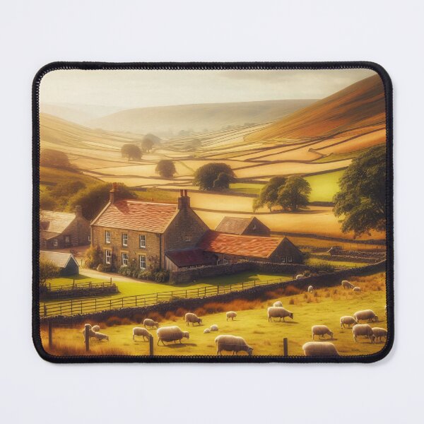 Item preview, A picturesque rural scene with a farmhouse, rolling hills, and a flock of sheep grazing in a golden field at sunset designed and sold by homydesign.