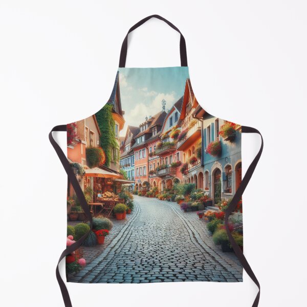 Item preview, Cobblestone street lined with colorful houses and lush greenery, bathed in warm sunlight designed and sold by homydesign.