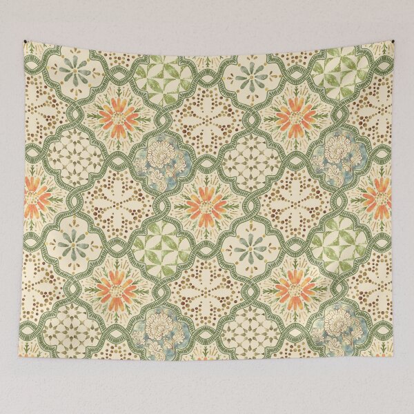 Item preview, Spanish Retro Style Mixed Floral and Geometric Tiles in Soft Sage & Marigold designed and sold by bala-sabina.