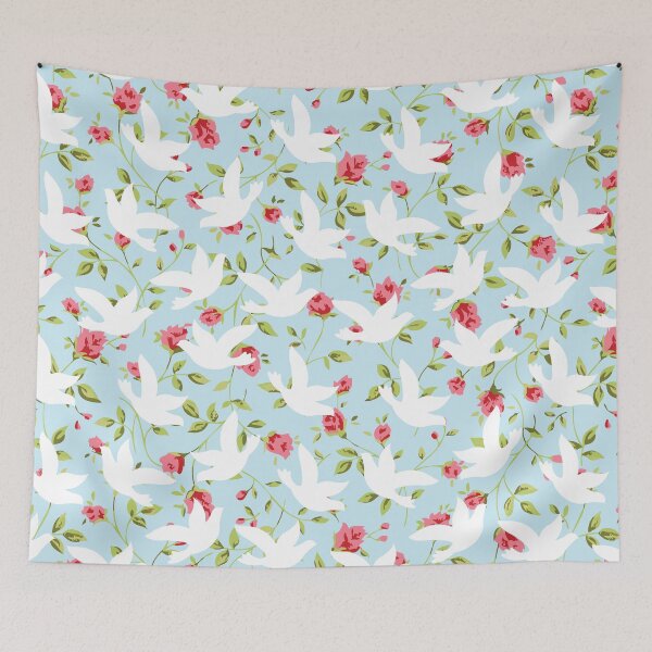Item preview, Negative Space White Birds Against Blue and Pink Rose Pattern designed and sold by MarikaJohnson.