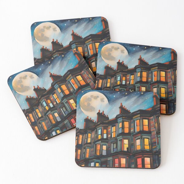 Item preview, Glasgow coaster moonlit tenement designed and sold by Simply The West Prints.