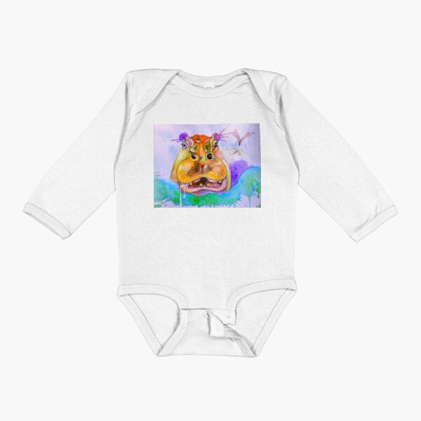 Happy Hippo with Crane Fly Watercolour by Tale Teller Club Books Long Sleeve Baby One-Piece
