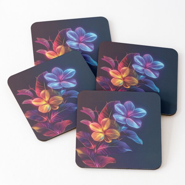 Artikelvorschau, Ein leuchtendes, neonfarbenes Design aus Blumen und Dschungelblättern vor einem tiefen, dunklen Hintergrund. entworfen und verkauft von HEMRO.