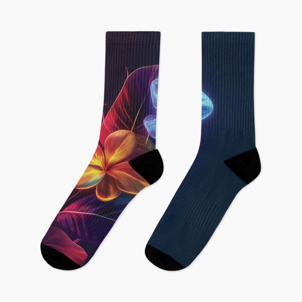 Artikelvorschau, Ein leuchtendes, neonfarbenes Design aus Blumen und Dschungelblättern vor einem tiefen, dunklen Hintergrund. entworfen und verkauft von HEMRO.