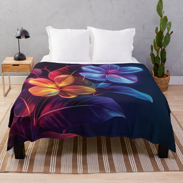 Artikelvorschau, Ein leuchtendes, neonfarbenes Design aus Blumen und Dschungelblättern vor einem tiefen, dunklen Hintergrund. entworfen und verkauft von HEMRO.