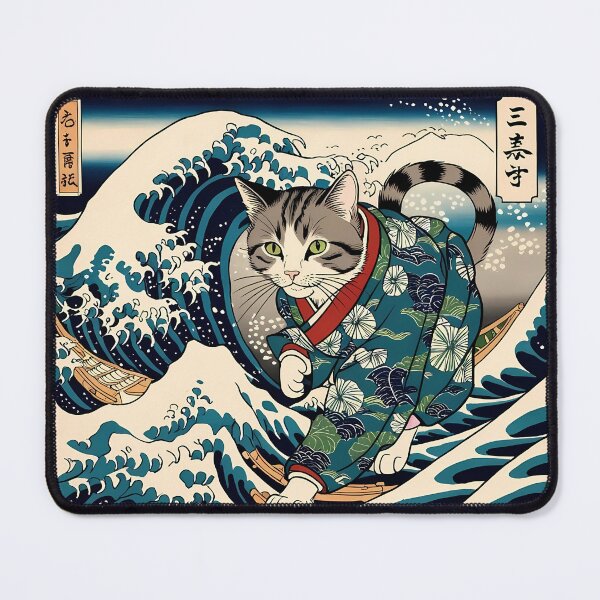 Item preview, the great wave off kanagawa japanese Woodblock Design: Retro Japanese Cat with japanese traditional kimono and kanji designed and sold by Catophile.