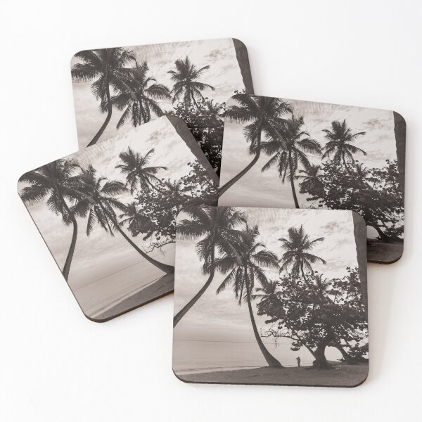 Item preview, Sepia-toned palm trees lean gracefully over a tranquil beach setting with the ocean in the background designed and sold by EyezWatchin.