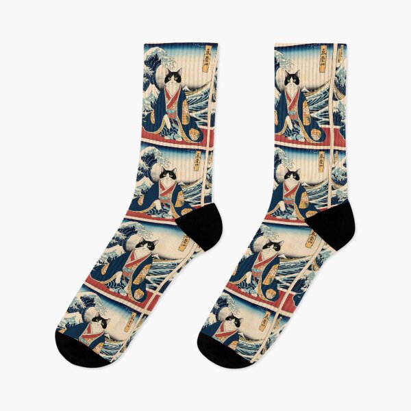 Item preview, Tuxedo Cat in a Floral Kimono: Japanese Woodblock-Inspired Artwork designed and sold by Catophile.
