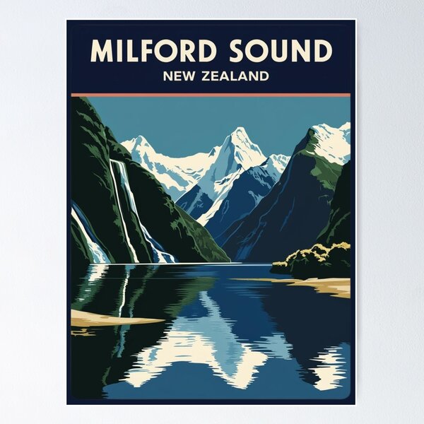 Item preview, A Vintage Travel Illustration of Milford Sound - New Zealand  designed and sold by GoodOldVintage.