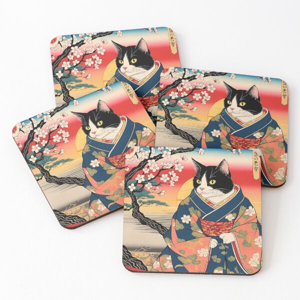 Item preview, Tuxedo cat in japanese style art retro vintage aesthetic japanese sunset with sakura  designed and sold by Catophile.