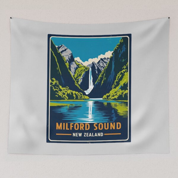 Item preview, A Vintage Travel Illustration of Milford Sound - New Zealand  designed and sold by GoodOldVintage.
