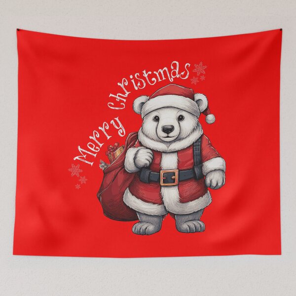 Item preview, Polar bear dressed as Santa Claus with a red suit and sack of gifts designed and sold by EyeMFlatBoard.