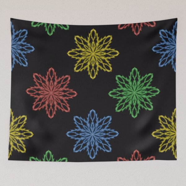 Item preview, Pattern of snowflakes "Inspiration" of different colors on a black background designed and sold by Cherevan.