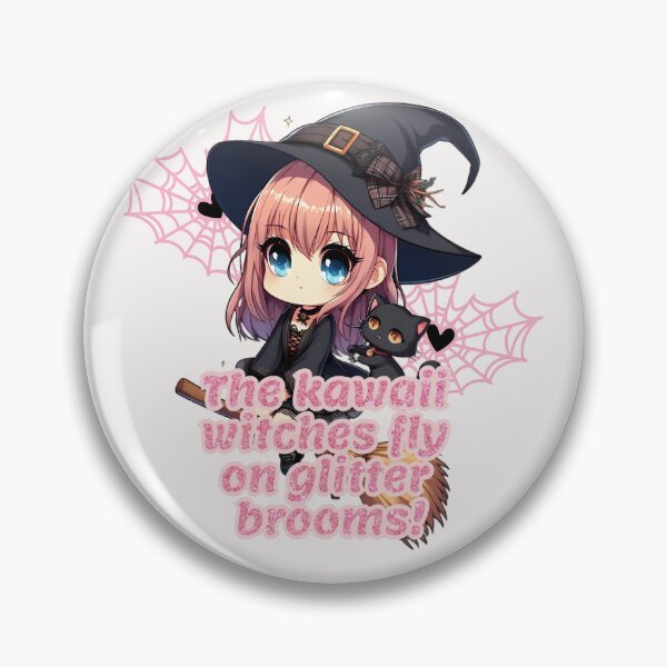 Item preview, the kawaii witch fly o glitter brooms, chibi witch on her broom with her cat designed and sold by LWOI.