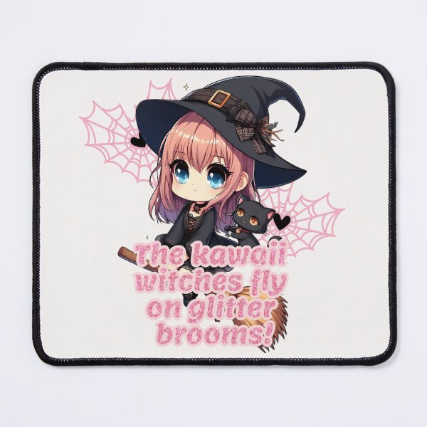 Item preview, the kawaii witch fly o glitter brooms, chibi witch on her broom with her cat designed and sold by LWOI.