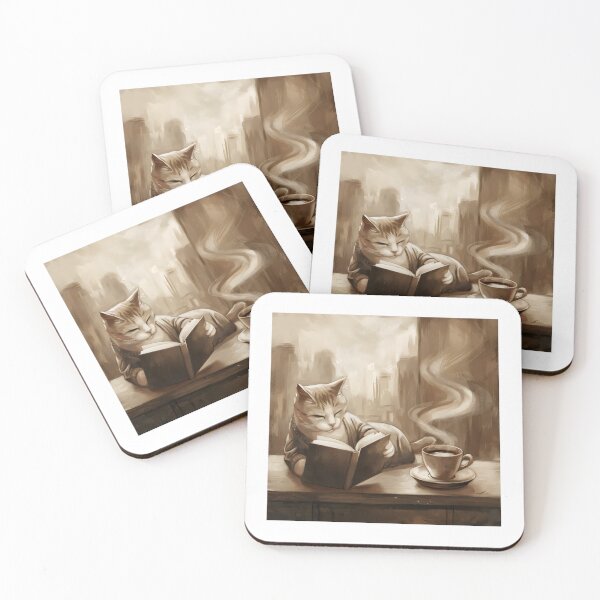 Item preview, Book lover cat reading books relaxing with coffee designed and sold by Cherry-Cat.