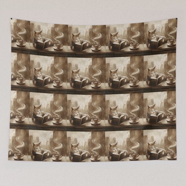 Item preview, Book lover cat reading books relaxing with coffee designed and sold by Cherry-Cat.