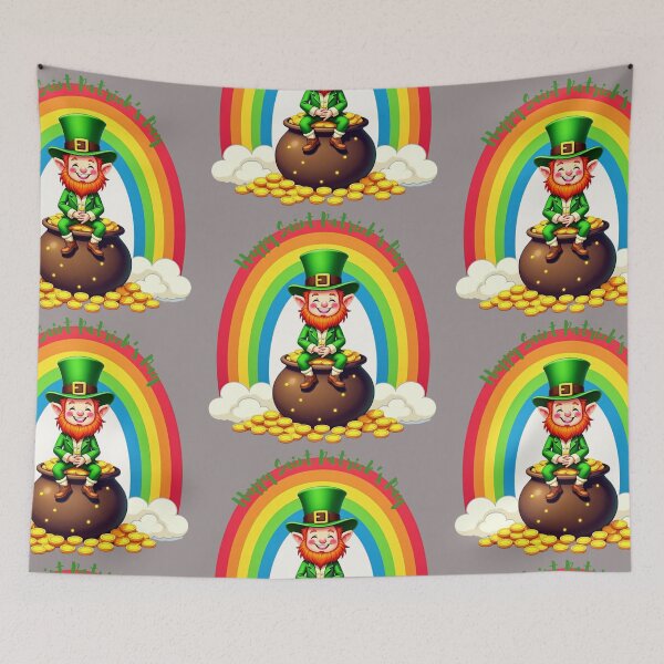 Item preview, leprechaun's Pot of Gold: A harmonious Saint Patrick's image featuring a leprechaun sitting on a pot of gold beneath a colorful rainbow to give a pleasing and balanced design. designed and sold by Grang Art Artistic Designs.