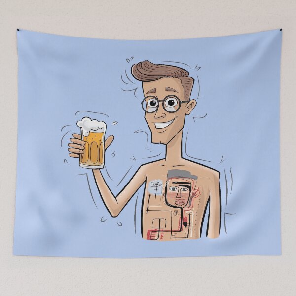Item preview, Cartoon Character with Abstract Chest Design and Beer Glass – Light-Brown-Skinned Man with Round Glasses and Playful Art Style designed and sold by marvinismyname.