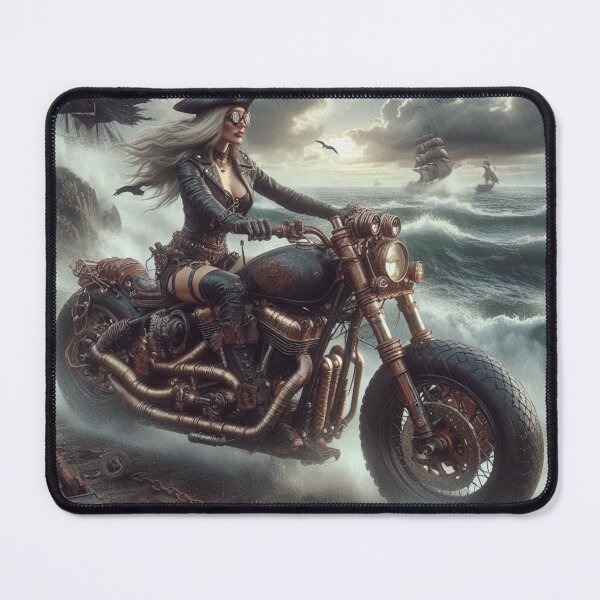 Item preview, Pirate queen riding a steampunk scrambler bike designed and sold by Outlandishrob.