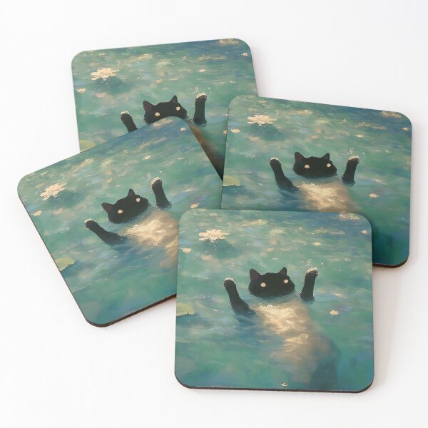 Item preview, Black cat swimming Monet inspiration  designed and sold by Nowshin Tasnim.