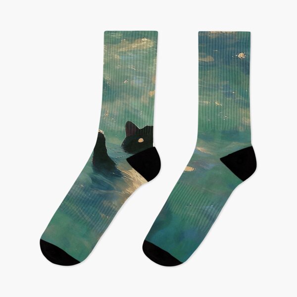 Item preview, Black cat swimming Monet inspiration  designed and sold by Nowshin Tasnim.