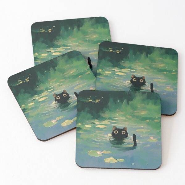 Item preview, Black cat swimming Monet inspiration  designed and sold by Nowshin Tasnim.
