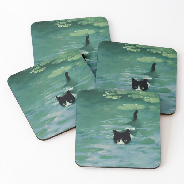 Item preview, Black cat swimming Monet inspiration  designed and sold by Nowshin Tasnim.