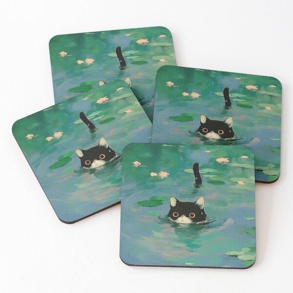 Item preview, Black cat swimming Monet inspiration  designed and sold by Nowshin Tasnim.