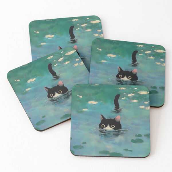 Item preview, Black cat swimming Monet inspiration  designed and sold by Nowshin Tasnim.