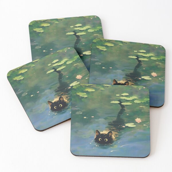 Item preview, Black cat swimming Monet inspiration  designed and sold by Nowshin Tasnim.