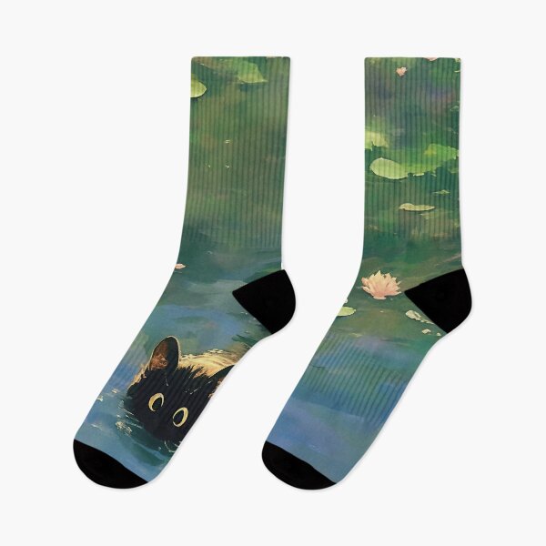 Item preview, Black cat swimming Monet inspiration  designed and sold by Nowshin Tasnim.