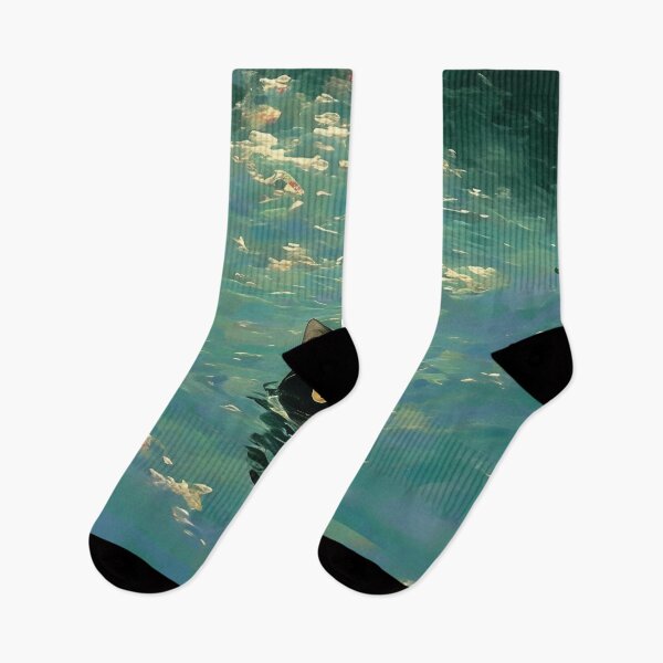 Item preview, Black cat swimming Monet inspiration  designed and sold by Nowshin Tasnim.