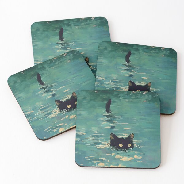 Item preview, Black cat swimming Monet inspiration  designed and sold by Nowshin Tasnim.