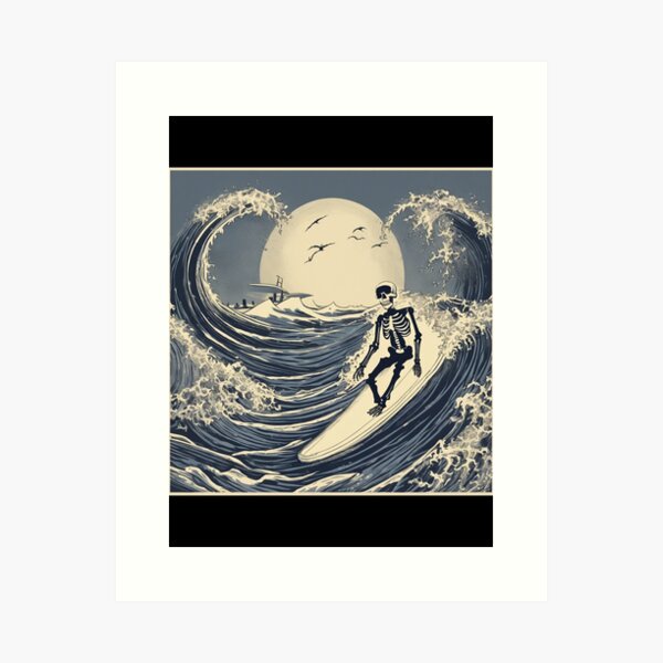 Aperçu de l'œuvre Squelette surfant sur les vagues créée et vendue par Kowhai-art.