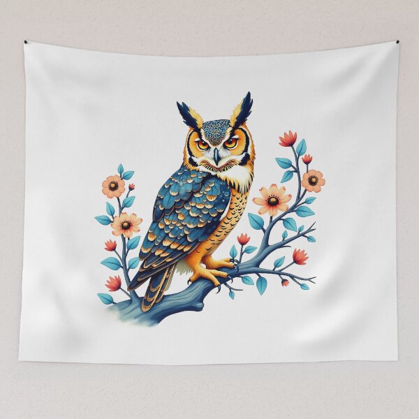 Artikelvorschau, Schöne Eule auf Blumenzweig Illustration entworfen und verkauft von BirdsnStuff.