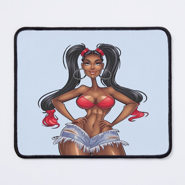 Item preview, Stylized Dark-Skinned Cartoon Woman with Ponytails, Red Bikini Top, and Denim Shorts – Confident Anime Pop Art Style designed and sold by marvinismyname.