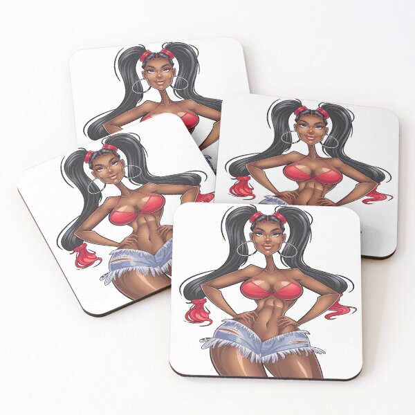 Item preview, Stylized Dark-Skinned Cartoon Woman with Ponytails, Red Bikini Top, and Denim Shorts – Confident Anime Pop Art Style designed and sold by marvinismyname.