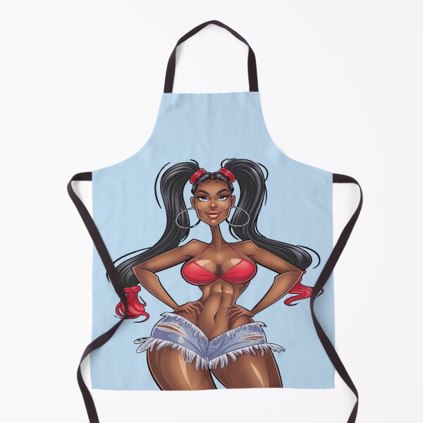 Item preview, Stylized Dark-Skinned Cartoon Woman with Ponytails, Red Bikini Top, and Denim Shorts – Confident Anime Pop Art Style designed and sold by marvinismyname.