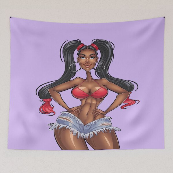 Item preview, Stylized Dark-Skinned Cartoon Woman with Ponytails, Red Bikini Top, and Denim Shorts – Confident Anime Pop Art Style designed and sold by marvinismyname.