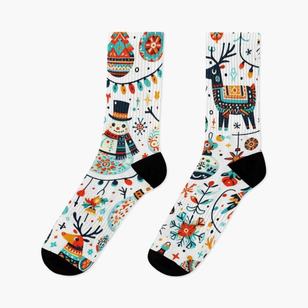 Item preview, Scandinavian Folk Art Happy Holidays - bright festive snowmen and reindeer pattern by heidiannemorris designed and sold by FOLK ART FUSION by heidiannemorris.