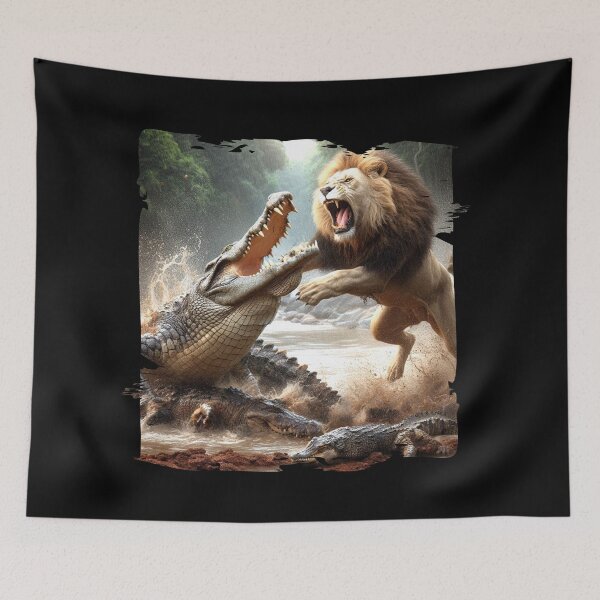 Item preview, Lion vs Crocodile Battle – Wild Nature Fight Scene Artwork designed and sold by Hungry-Murphy.