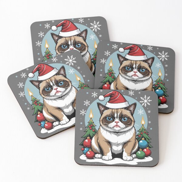 Item preview, Christmas Grumpy Cat with Santa Hat and Fir Trees designed and sold by NOTRE-BONHEUR.
