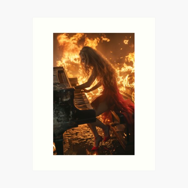 Item preview, Art painting depicting a woman playing the piano amidst flames designed and sold by Veryniq.