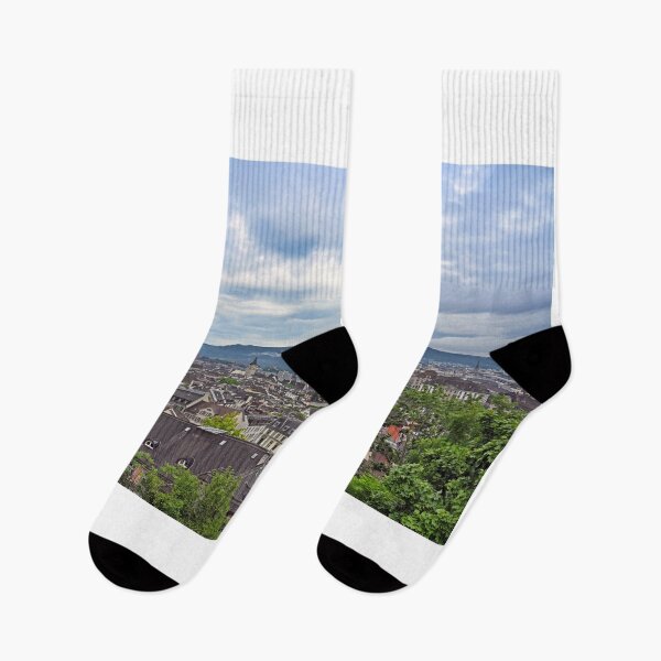 Item preview, Church towers and buildings in old town Zurich skyline, cloudy morning designed and sold by goceris.