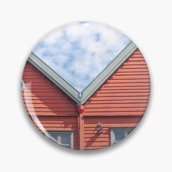 Item preview, Two world heritage houses in Bryggen in Bergen, Norway in red with a blue cloudy sky - summer street and travel photography designed and sold by Christa Stroo Photography.