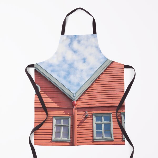 Item preview, Two world heritage houses in Bryggen in Bergen, Norway in red with a blue cloudy sky - summer street and travel photography designed and sold by Christa Stroo Photography.
